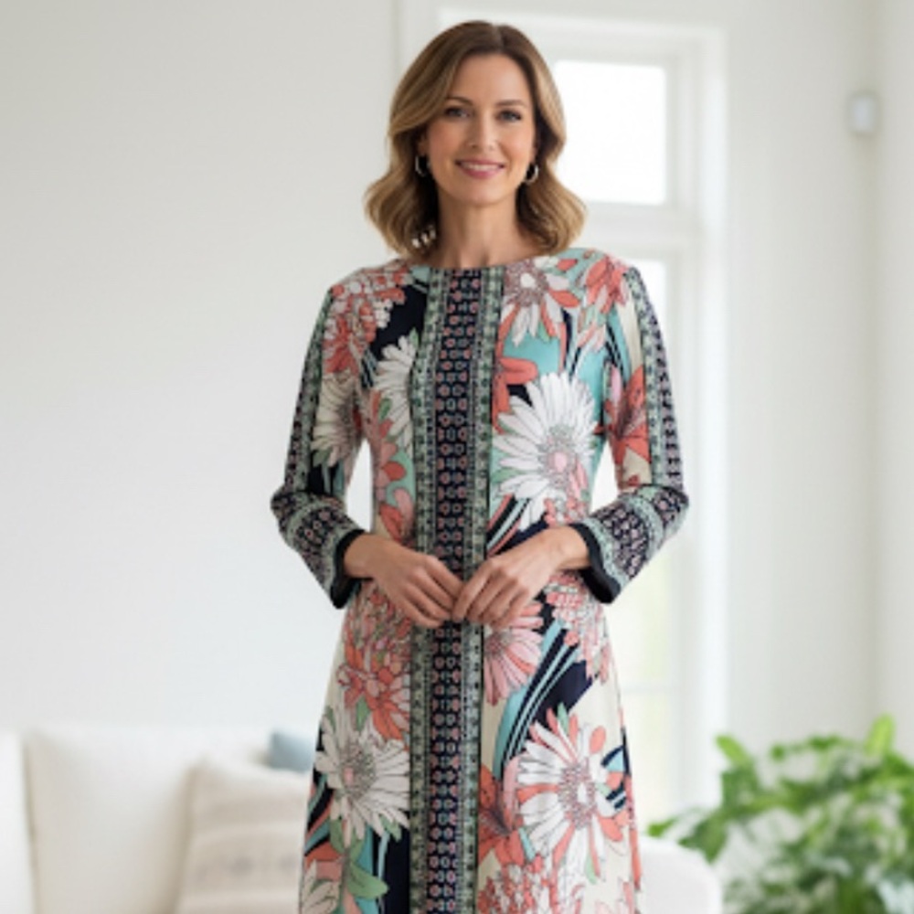 London Times 3/4 Sleeve Floral Scarf Print Sheath Dress Size 8 - Mod Retro Style